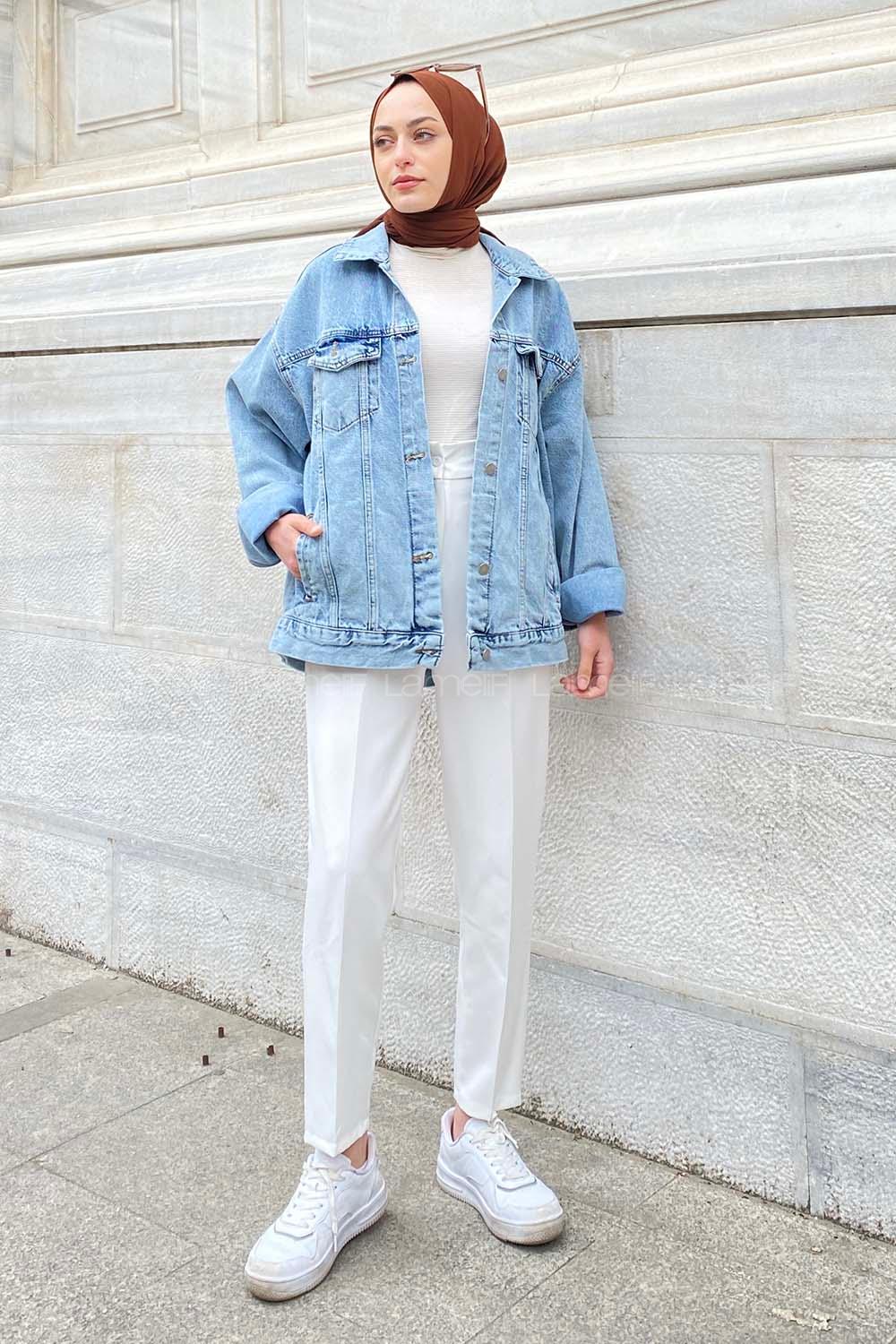 Modalamelif Önü Düğmeli Çift Cepli Sırt Baskılı Kot Ceket Kot Mavisi