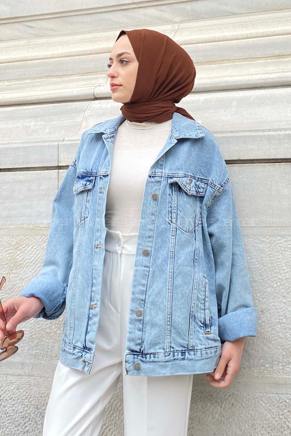 Modalamelif Önü Düğmeli Çift Cepli Sırt Baskılı Kot Ceket Kot Mavisi