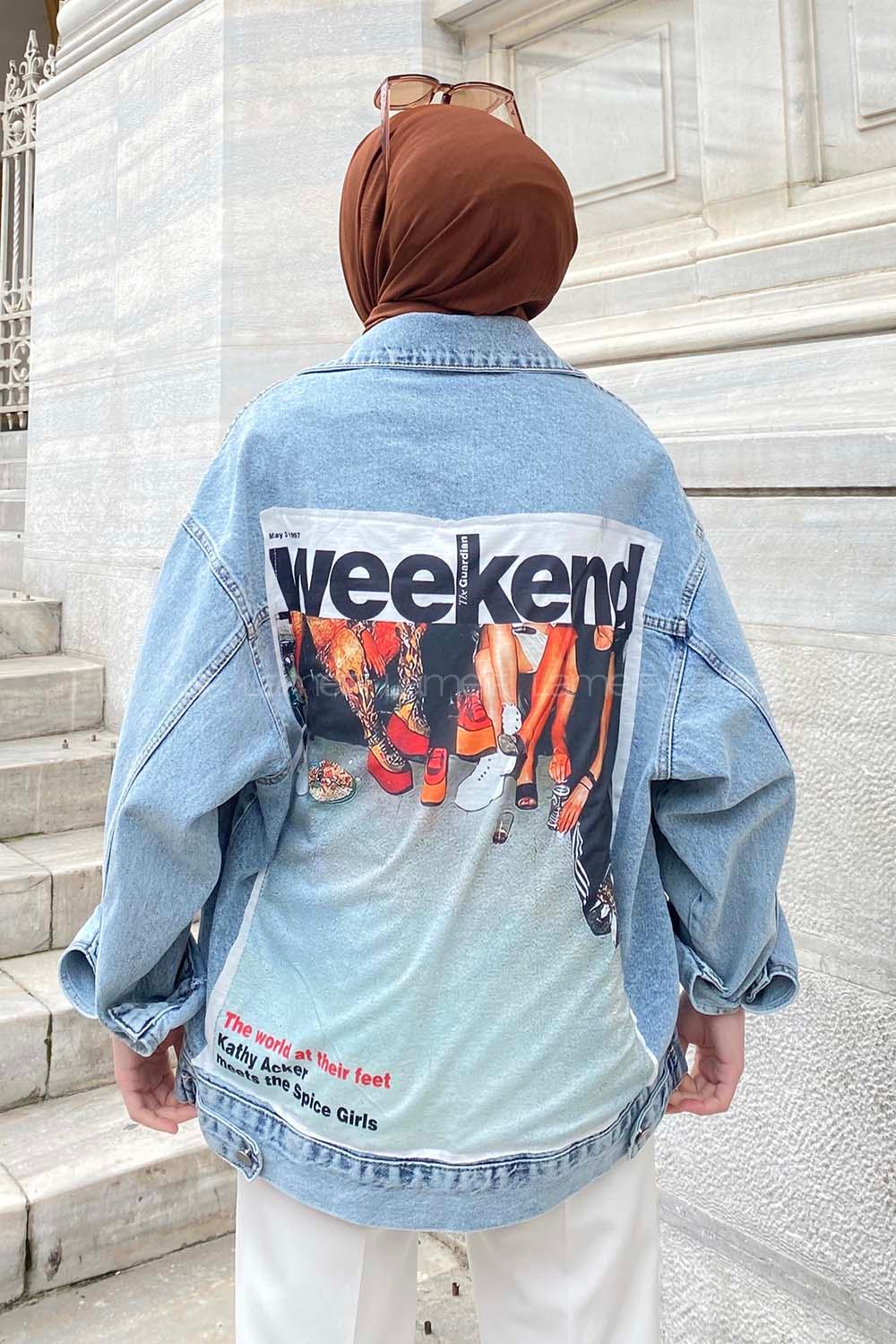 Modalamelif Önü Düğmeli Çift Cepli Sırt Baskılı Kot Ceket Kot Mavisi