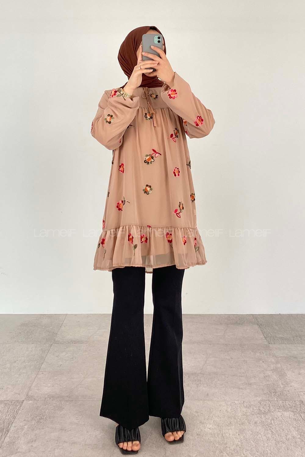 Brown With Milk Crew Neck Printed Tunic