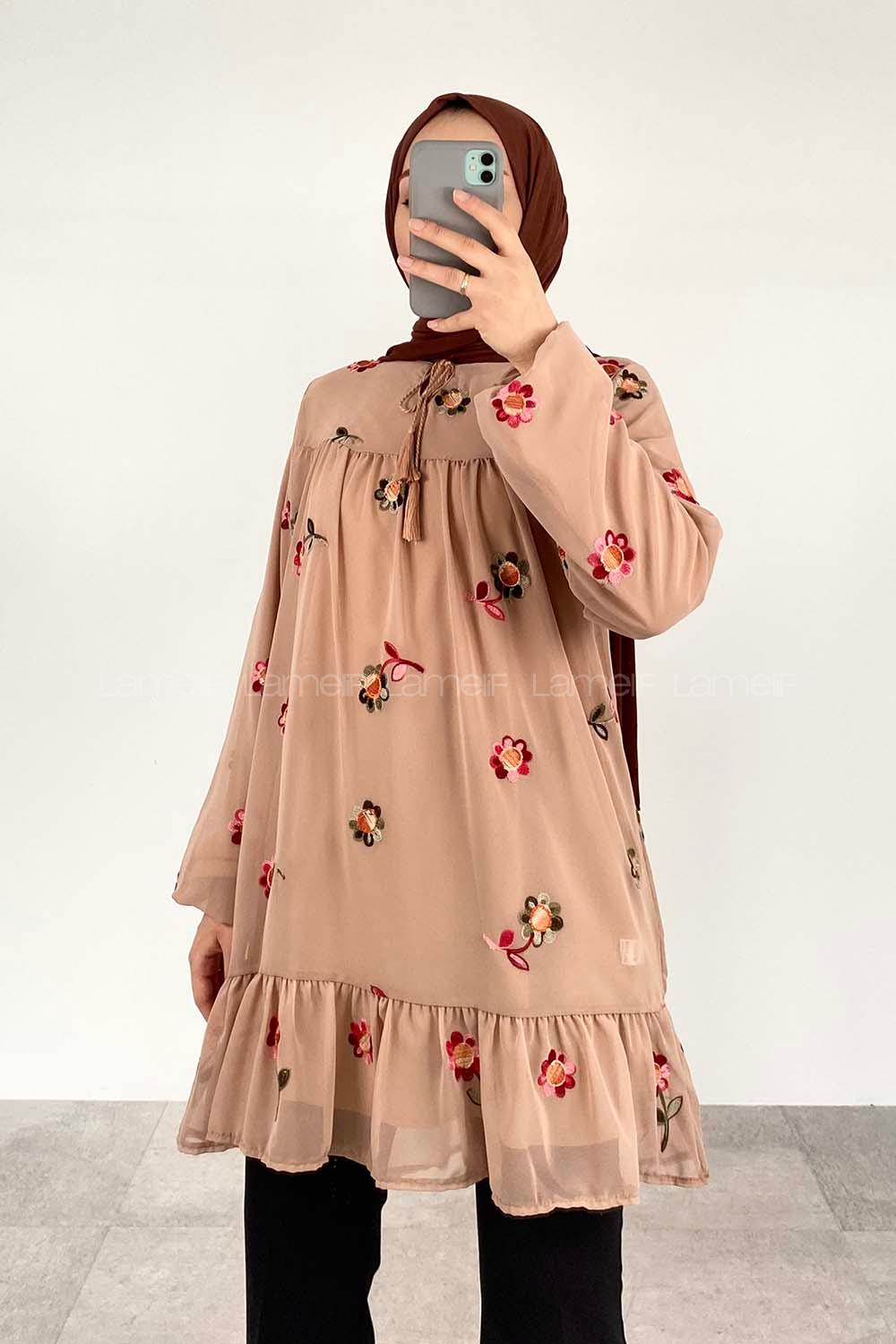 Brown With Milk Crew Neck Printed Tunic