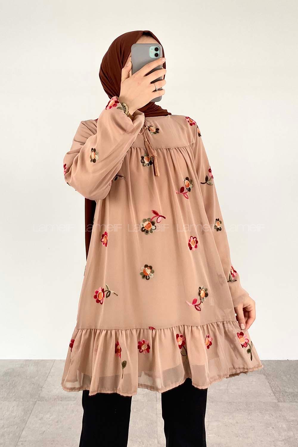 Brown With Milk Crew Neck Printed Tunic