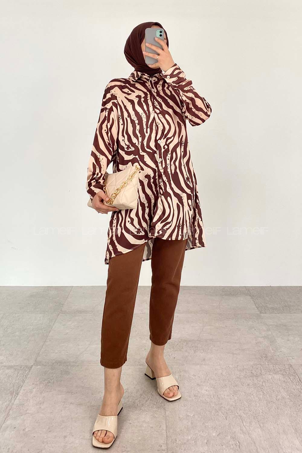 Brown Beige Shirt Collar Long Arm Cotton Fabric Printed Shirt