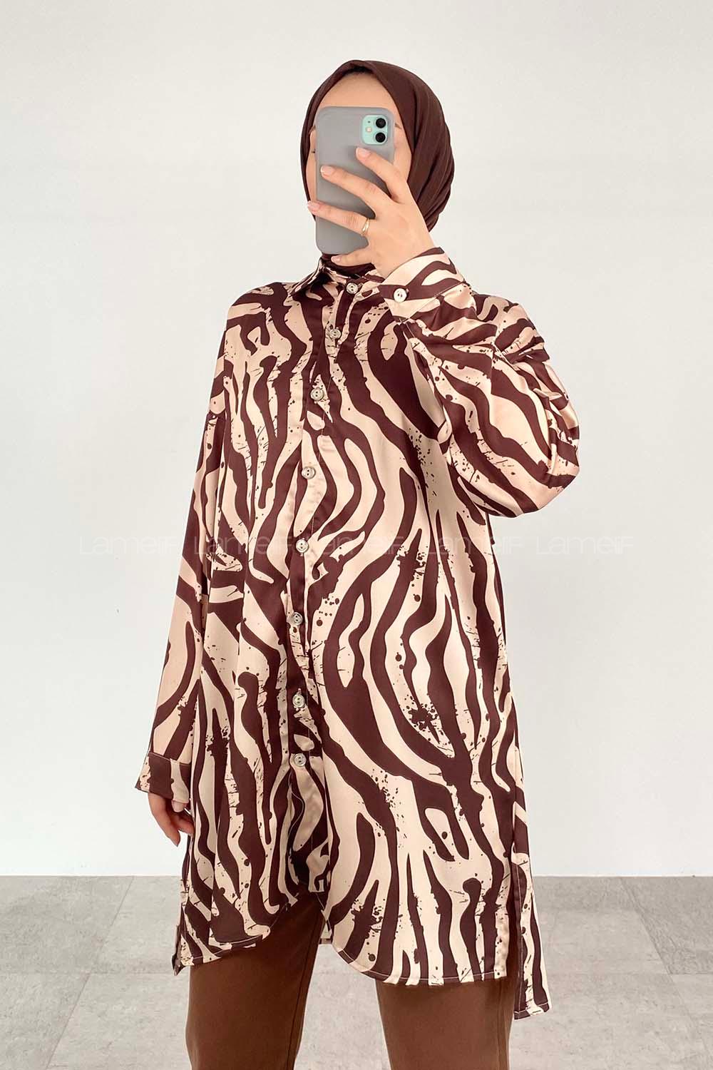 Brown Beige Shirt Collar Long Arm Cotton Fabric Printed Shirt