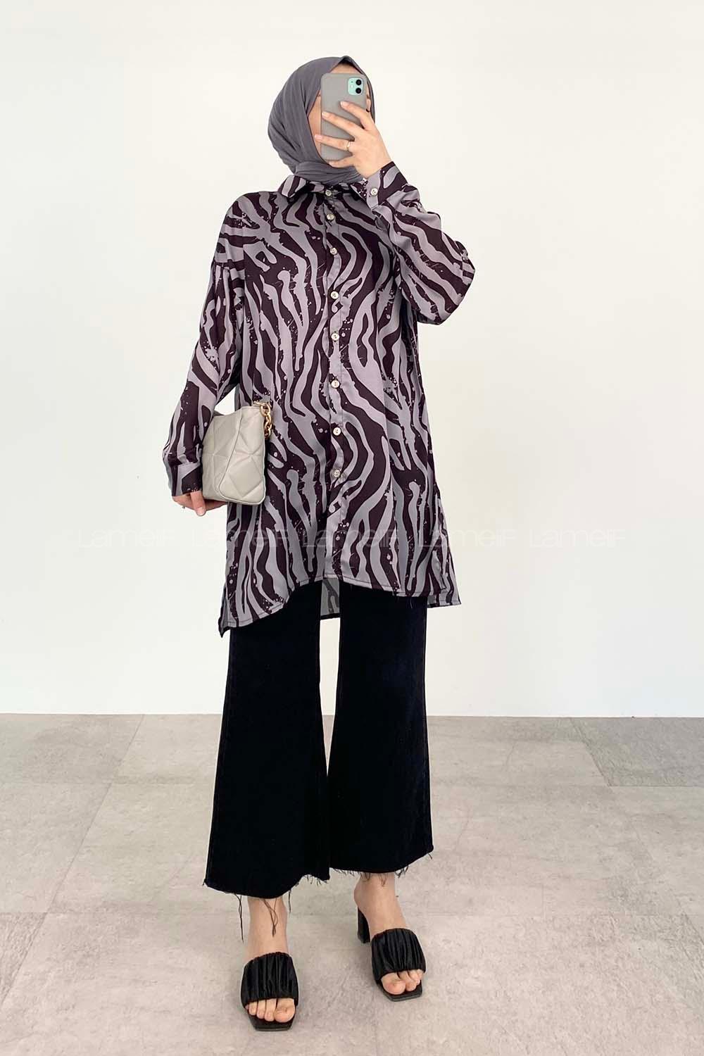 Gray Black Shirt Collar Long Arm Cotton Fabric Printed Shirt