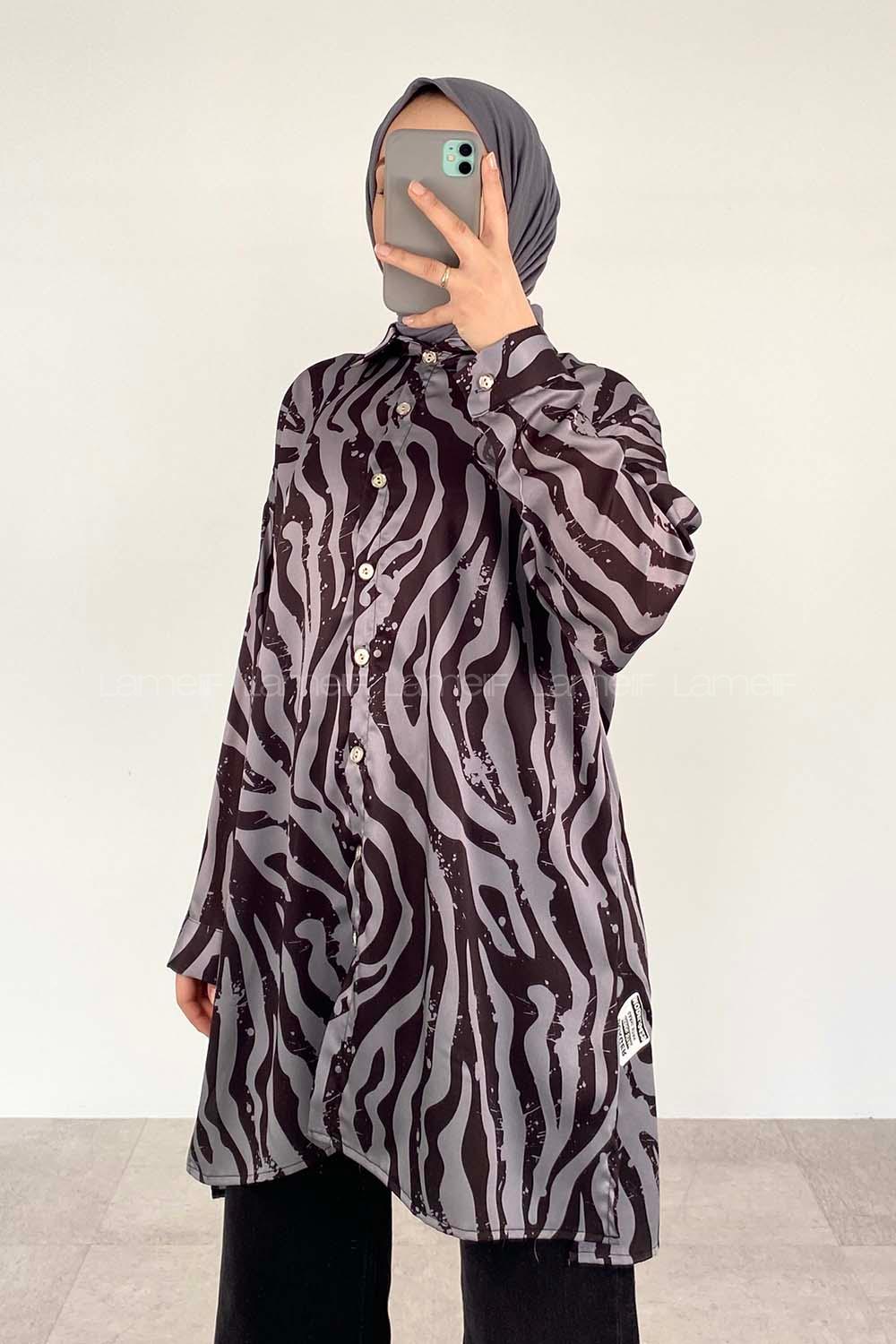 Gray Black Shirt Collar Long Arm Cotton Fabric Printed Shirt