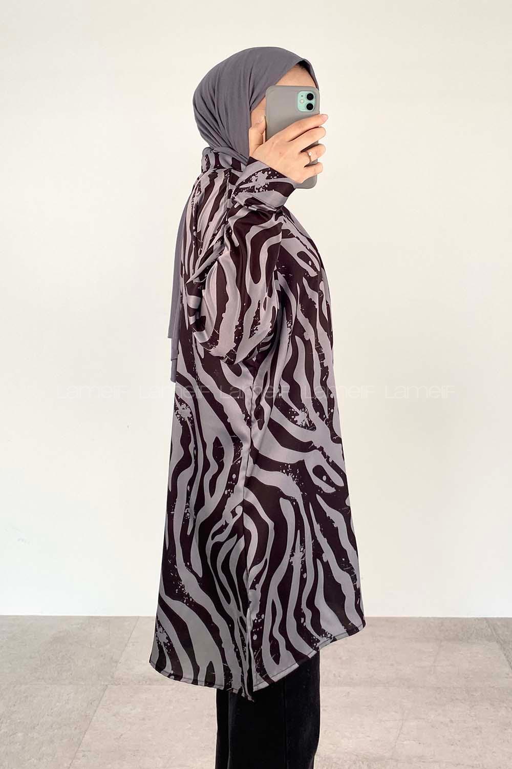 Gray Black Shirt Collar Long Arm Cotton Fabric Printed Shirt