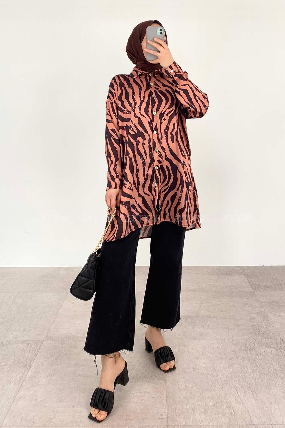 Black Brown Shirt Collar Long Arm Cotton Fabric Printed Shirt