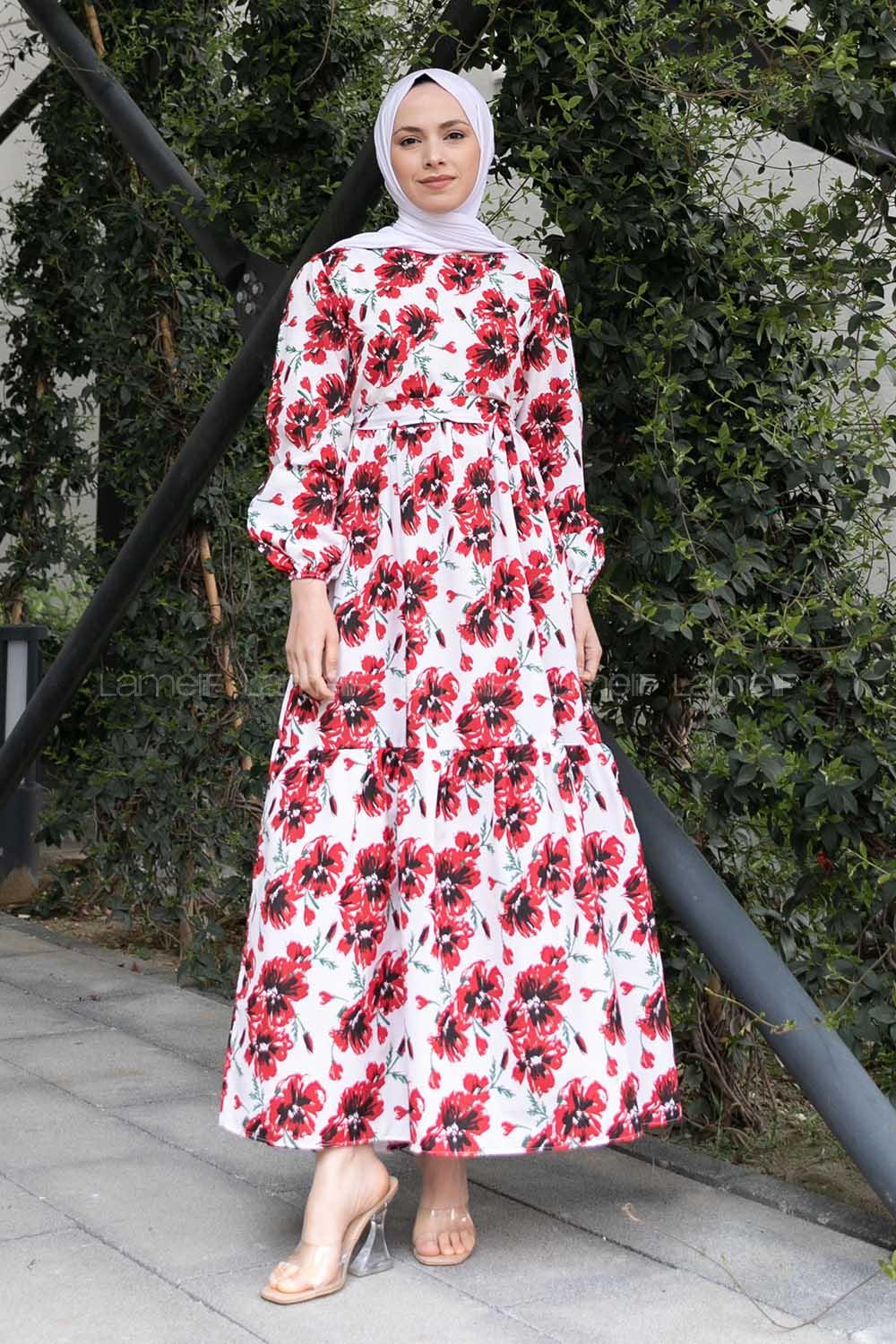 Red Crew Neck Poplin Fabric Printed Dresess