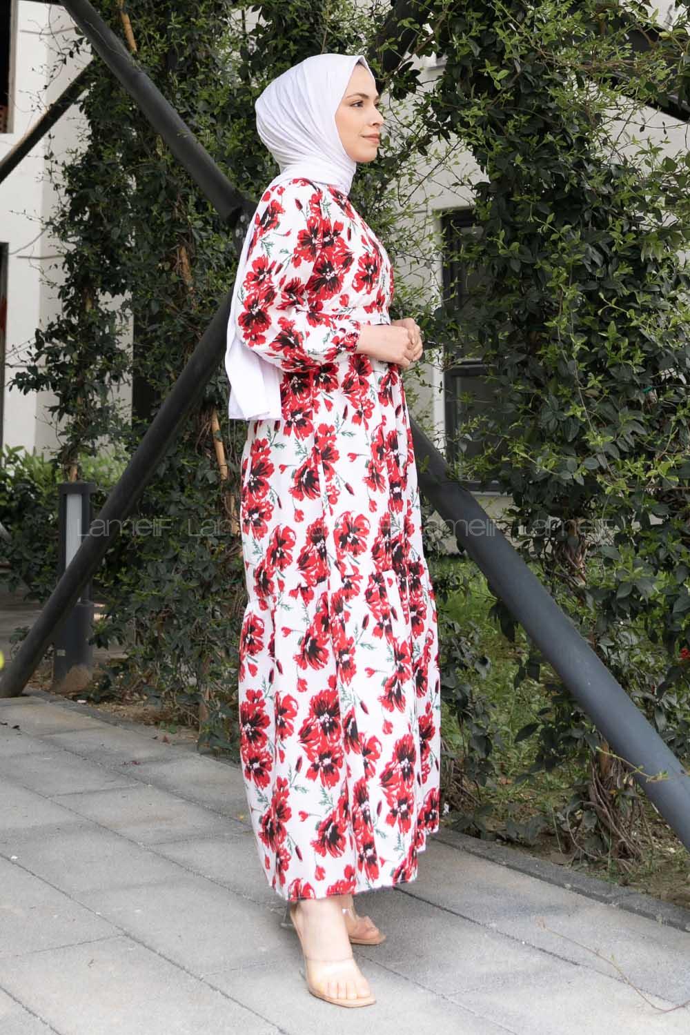 Red Crew Neck Poplin Fabric Printed Dresess