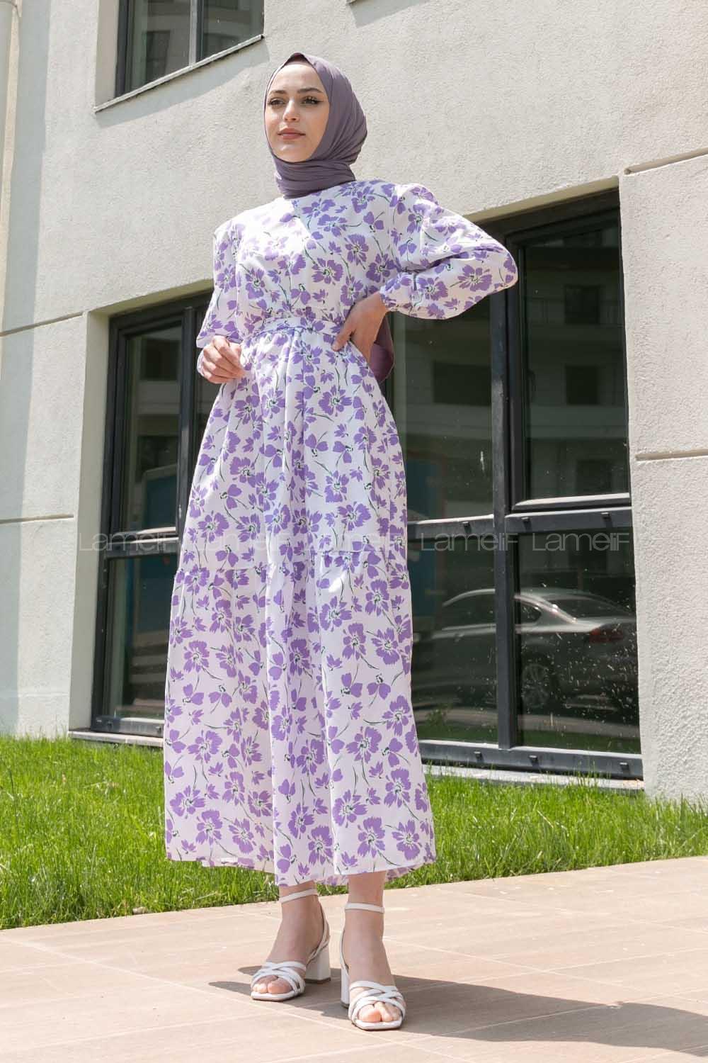 Lilac Crew Neck Poplin Fabric Printed Dresess