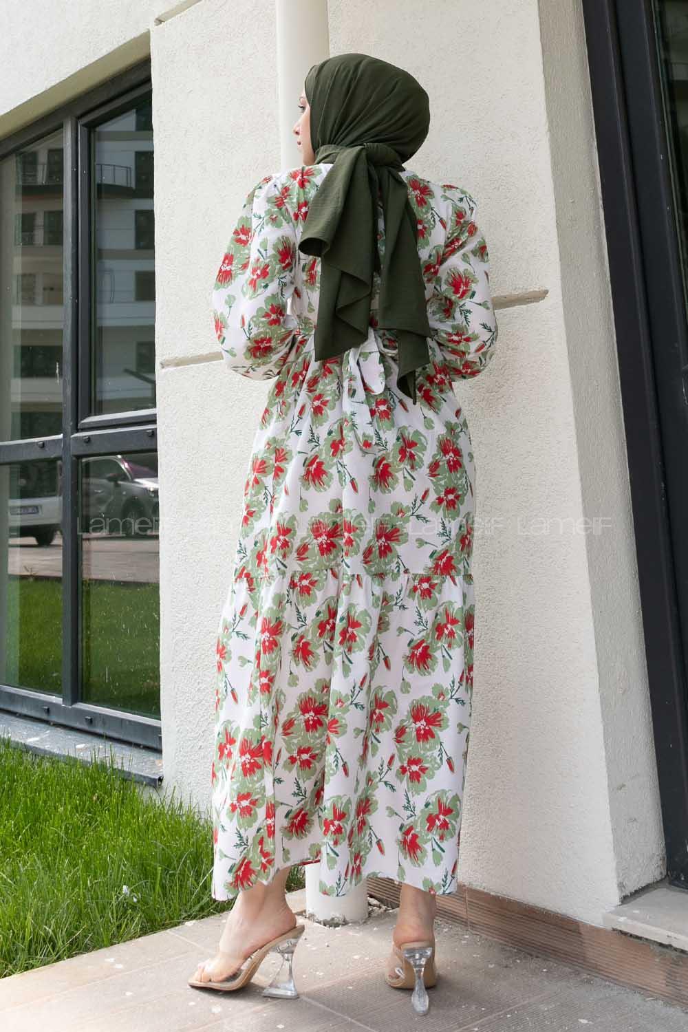 Green Crew Neck Poplin Fabric Printed Dresess