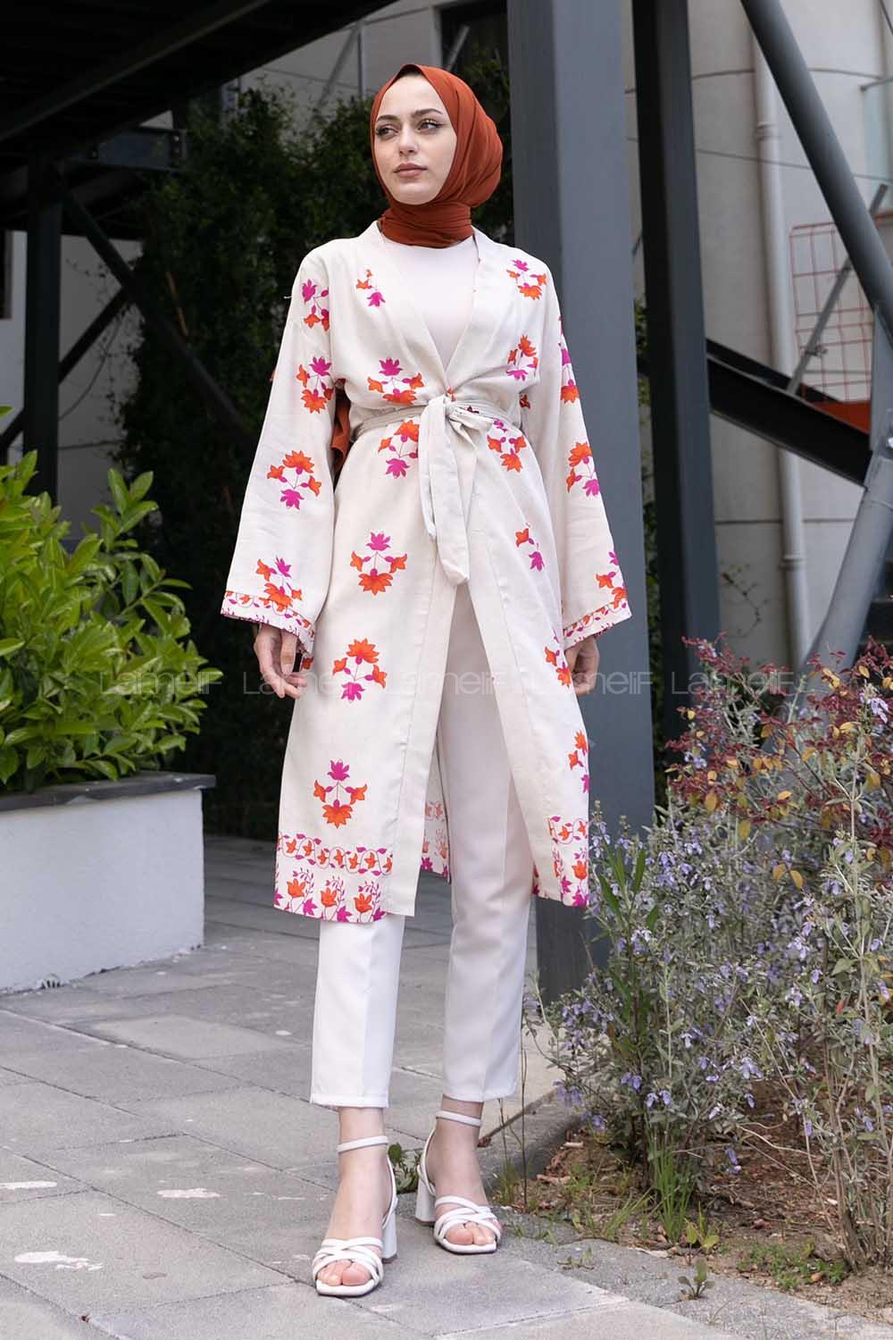 Ecru Pink Bat Sleeve Arm Belted Linen Flowering Kimono