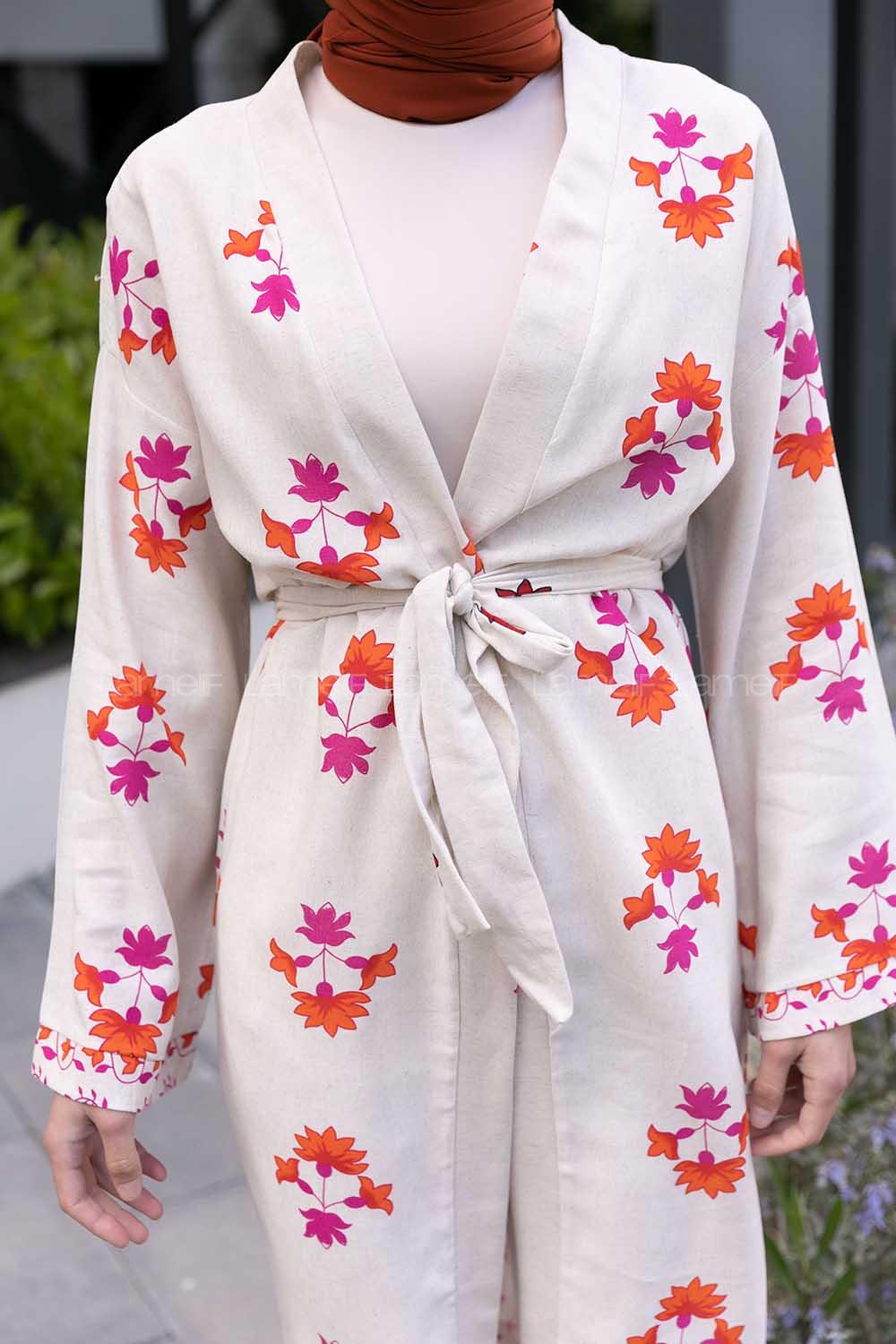 Ecru Pink Bat Sleeve Arm Belted Linen Flowering Kimono