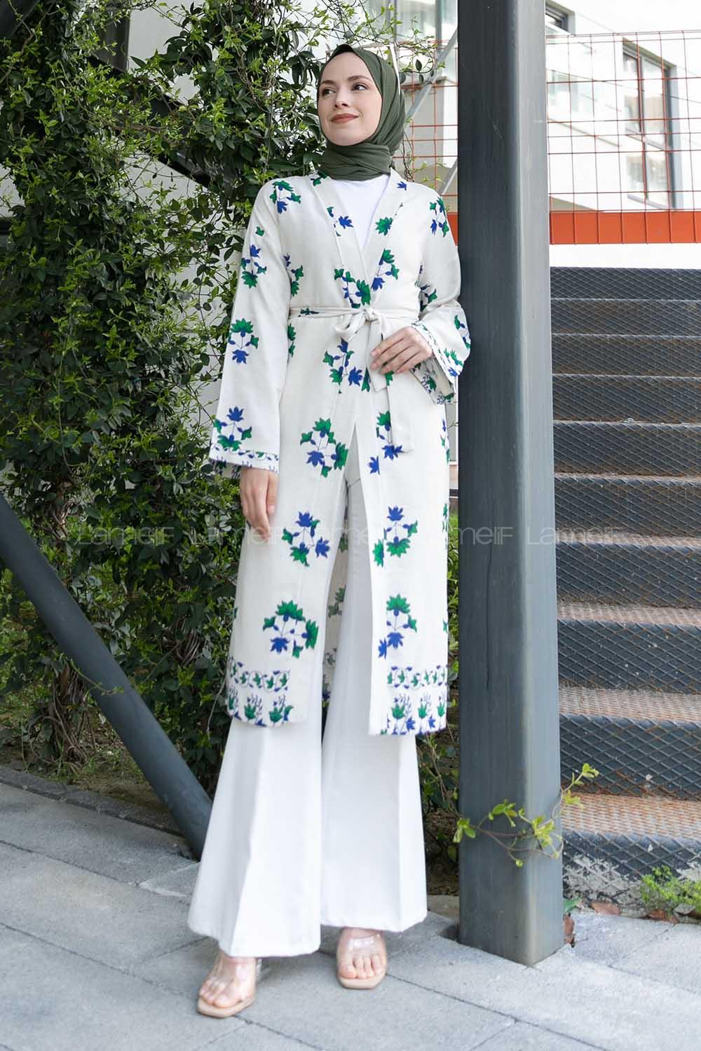 Ecru Khaki Bat Sleeve Arm Belted Linen Flowering Kimono