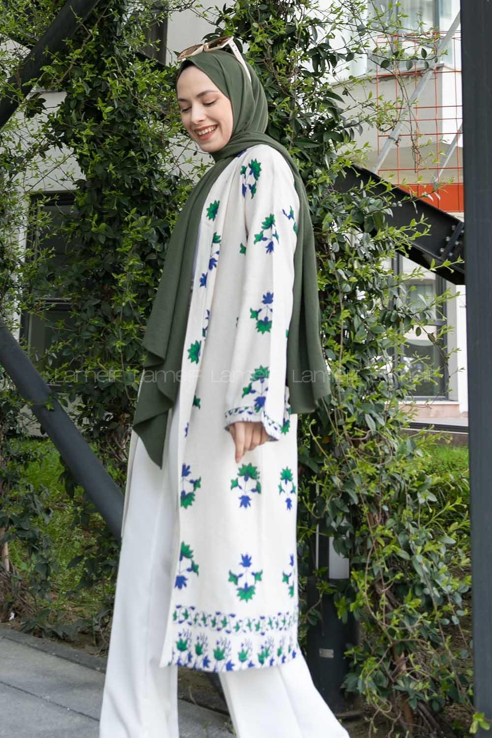 Ecru Khaki Bat Sleeve Arm Belted Linen Flowering Kimono