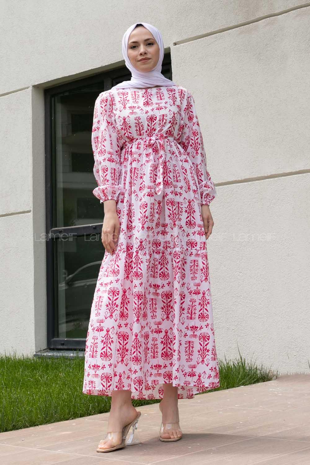 Fuchsia Crew Neck Poplin Fabric Printed Dresess