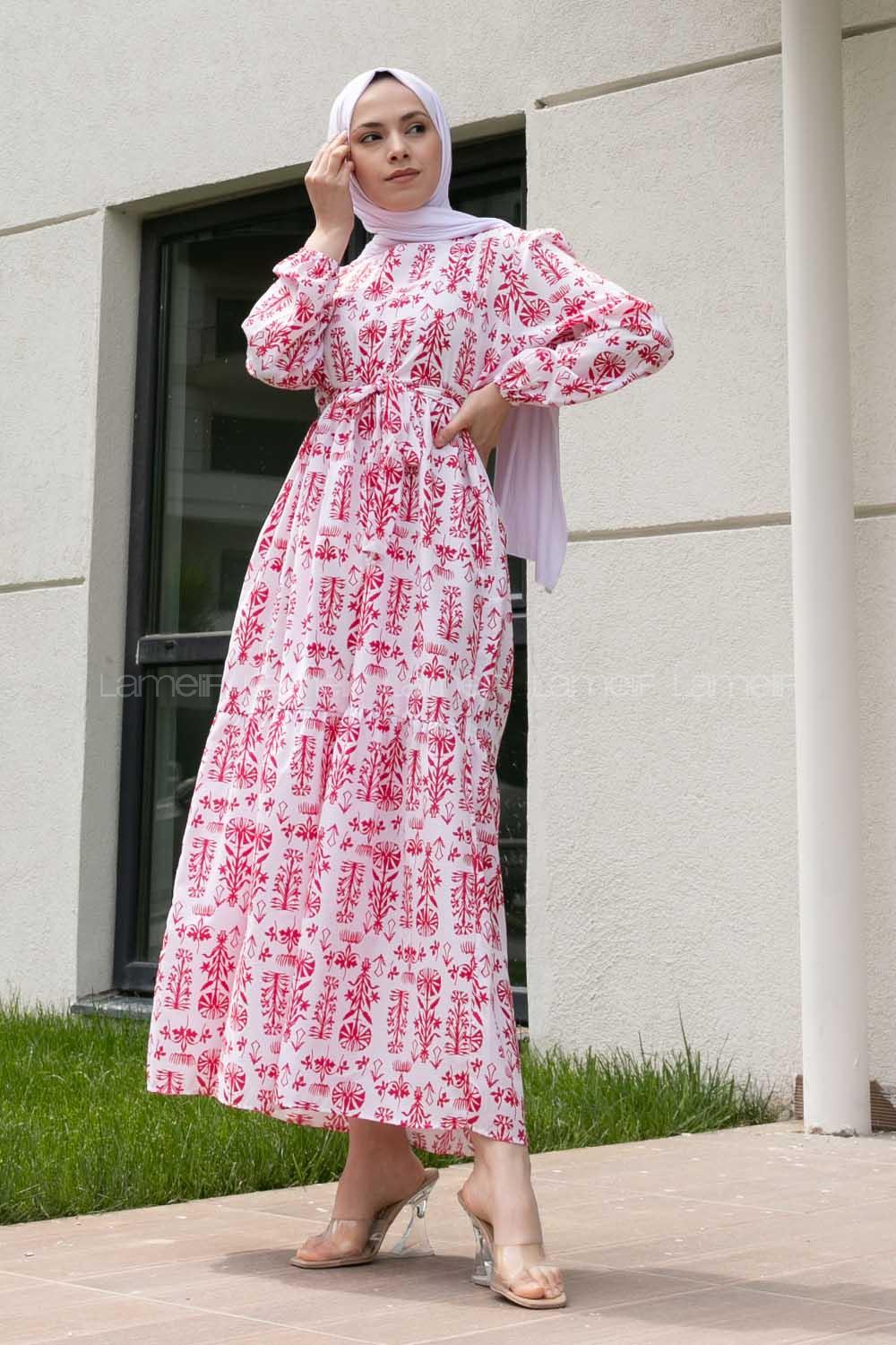 Fuchsia Crew Neck Poplin Fabric Printed Dresess