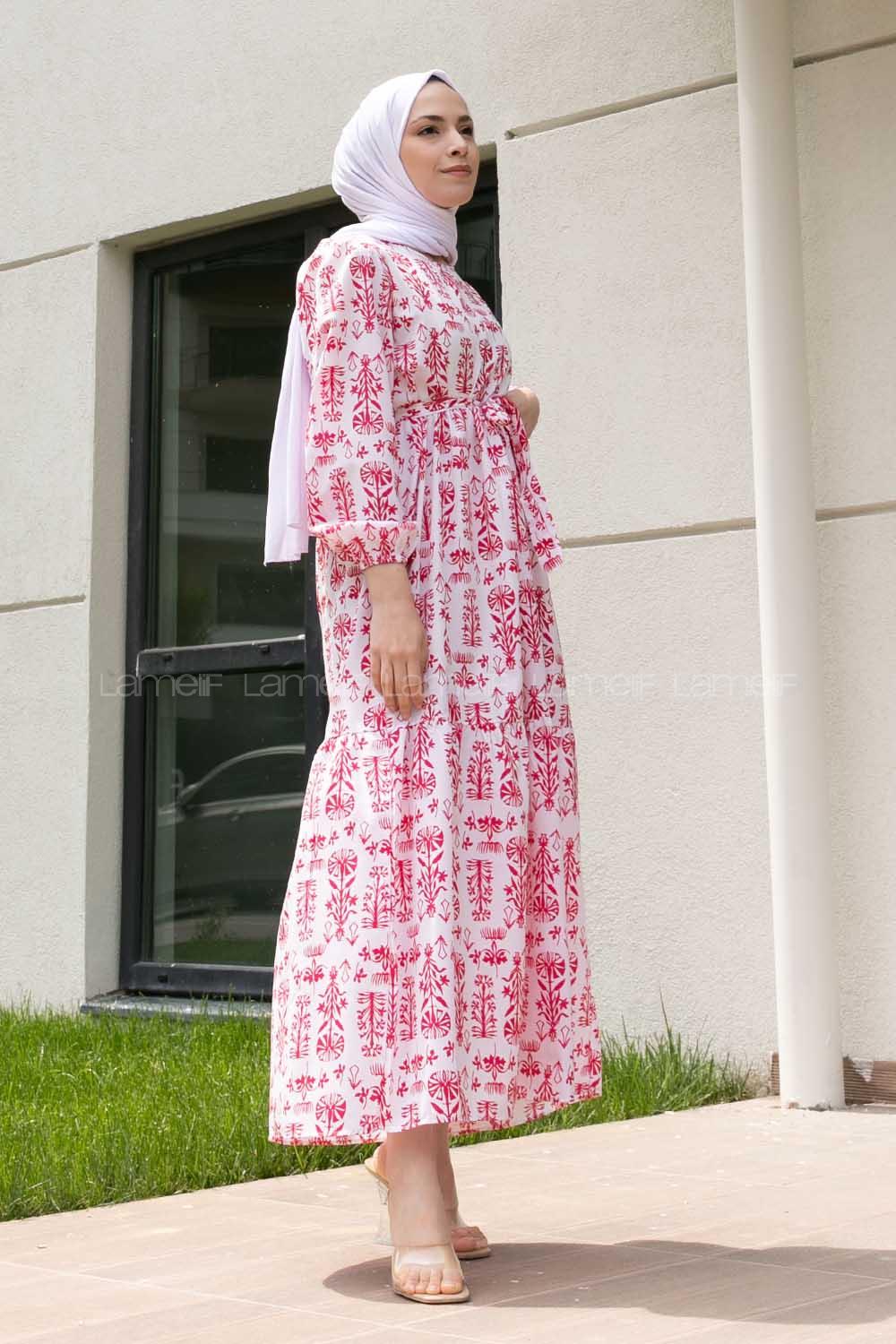 Fuchsia Crew Neck Poplin Fabric Printed Dresess