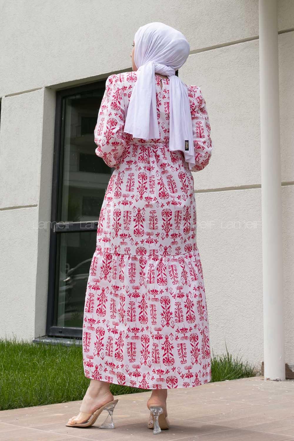 Fuchsia Crew Neck Poplin Fabric Printed Dresess