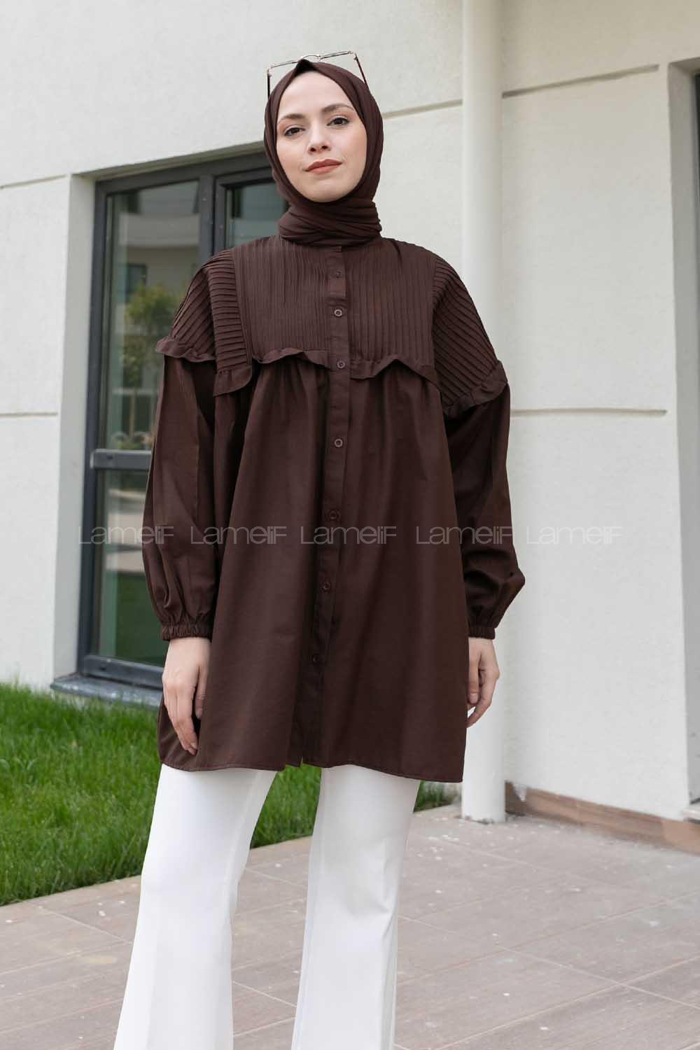 Bitter Brown Mandarin Collar Long Arm Cotton Unprinted Shirt