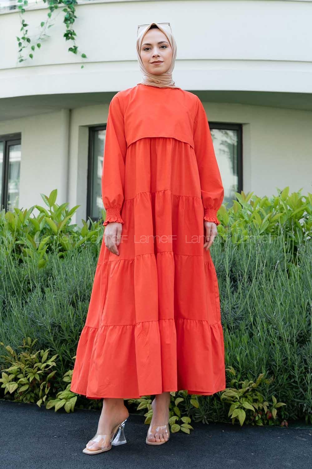 Orange Crew Neck Cotton Unprinted Printed Dresess