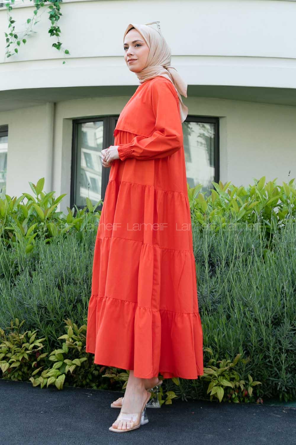 Orange Crew Neck Cotton Unprinted Printed Dresess