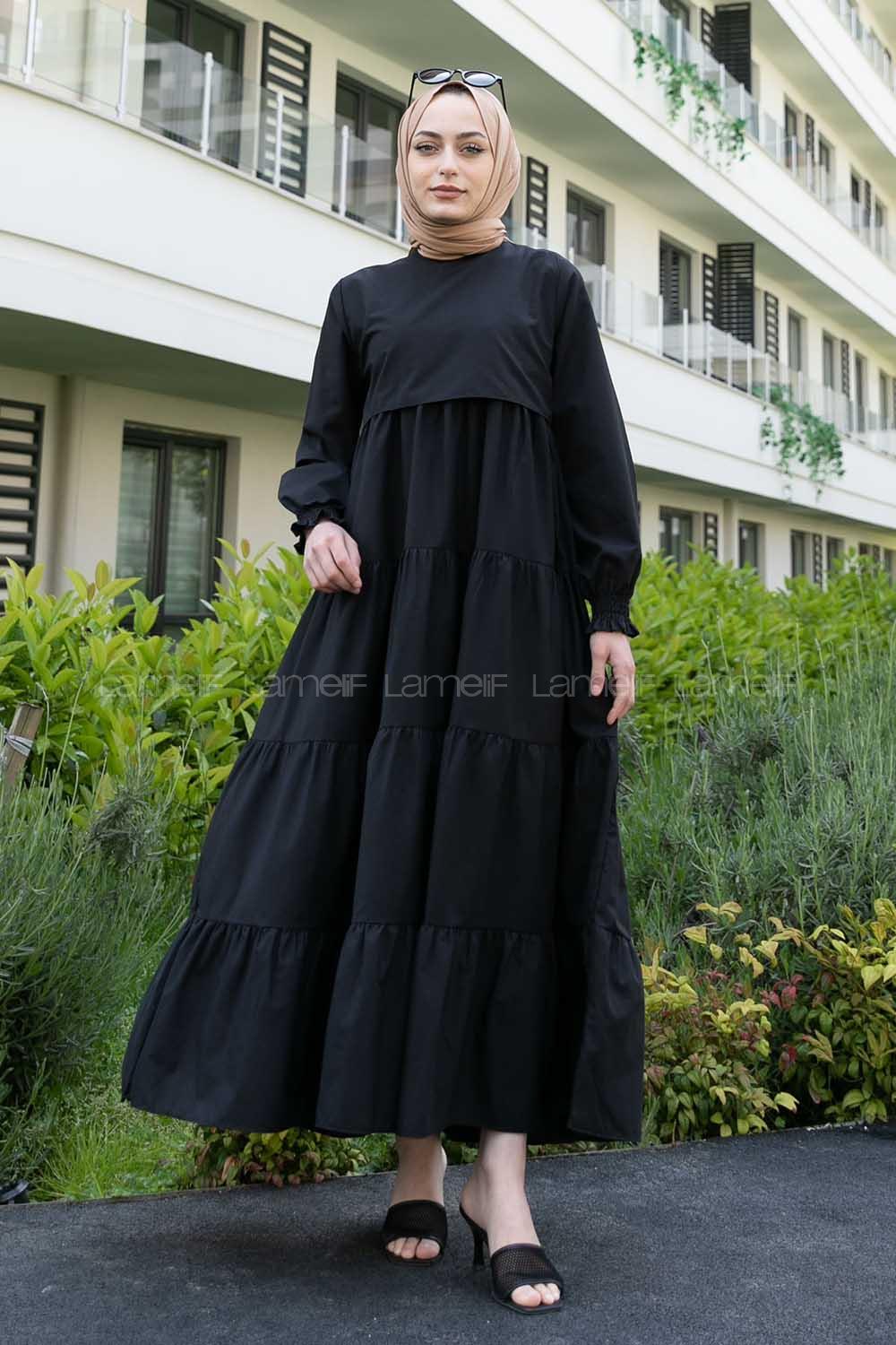 Black Crew Neck Cotton Unprinted Printed Dresess