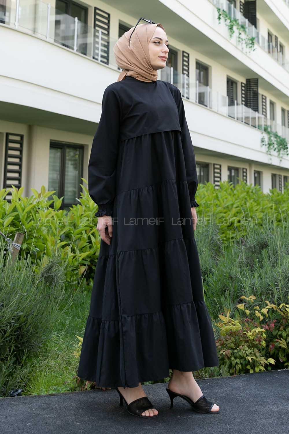 Black Crew Neck Cotton Unprinted Printed Dresess