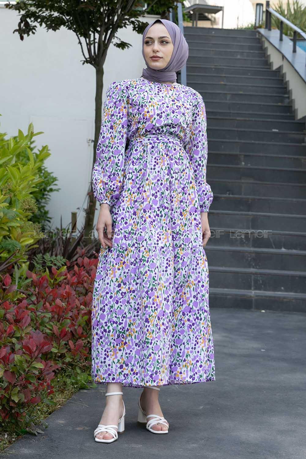 Purble Crew Neck Poplin Fabric Printed Dresess