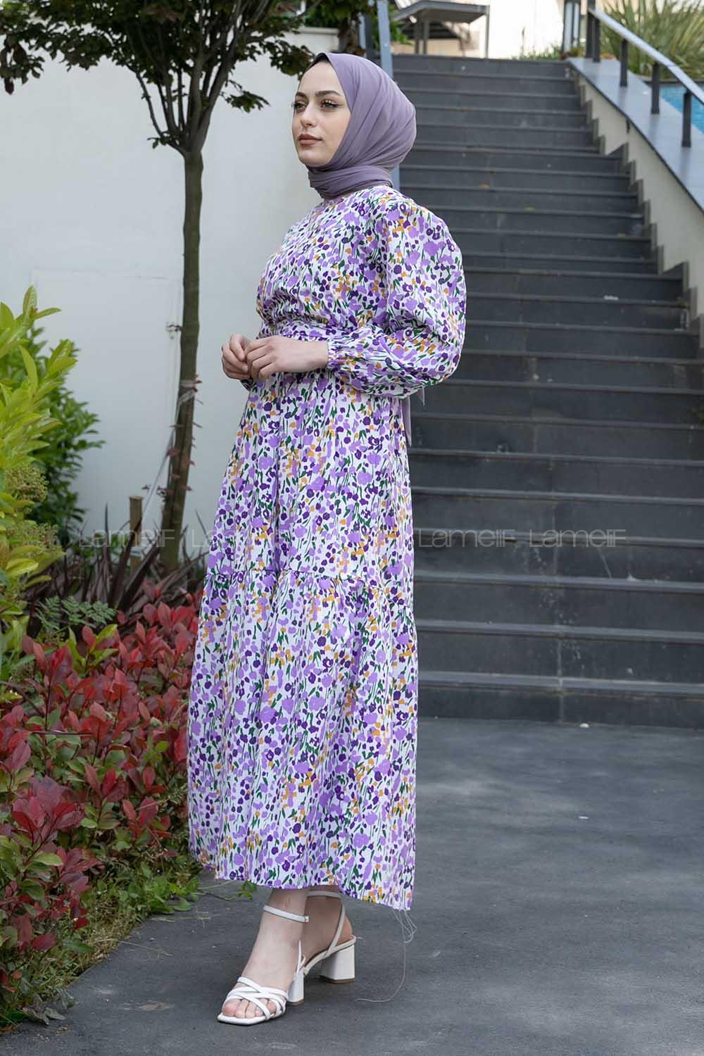 Purble Crew Neck Poplin Fabric Printed Dresess