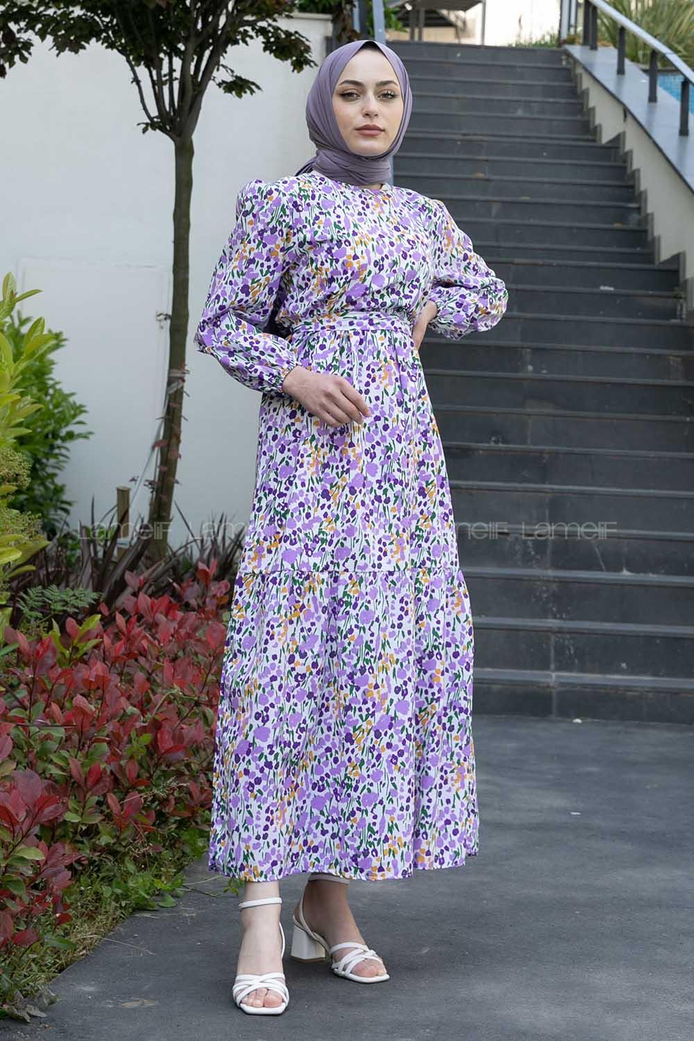 Purble Crew Neck Poplin Fabric Printed Dresess