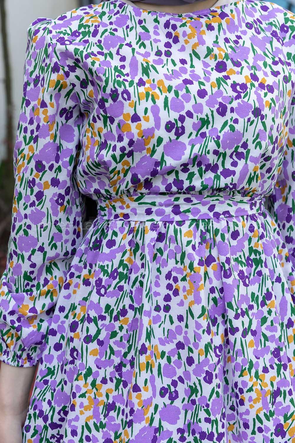 Purble Crew Neck Poplin Fabric Printed Dresess