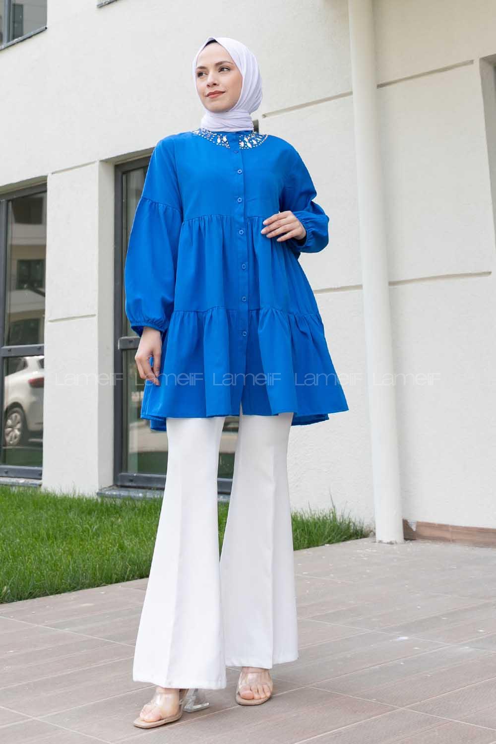 Indigo Mandarin Collar Long Arm Cotton Unprinted Shirt