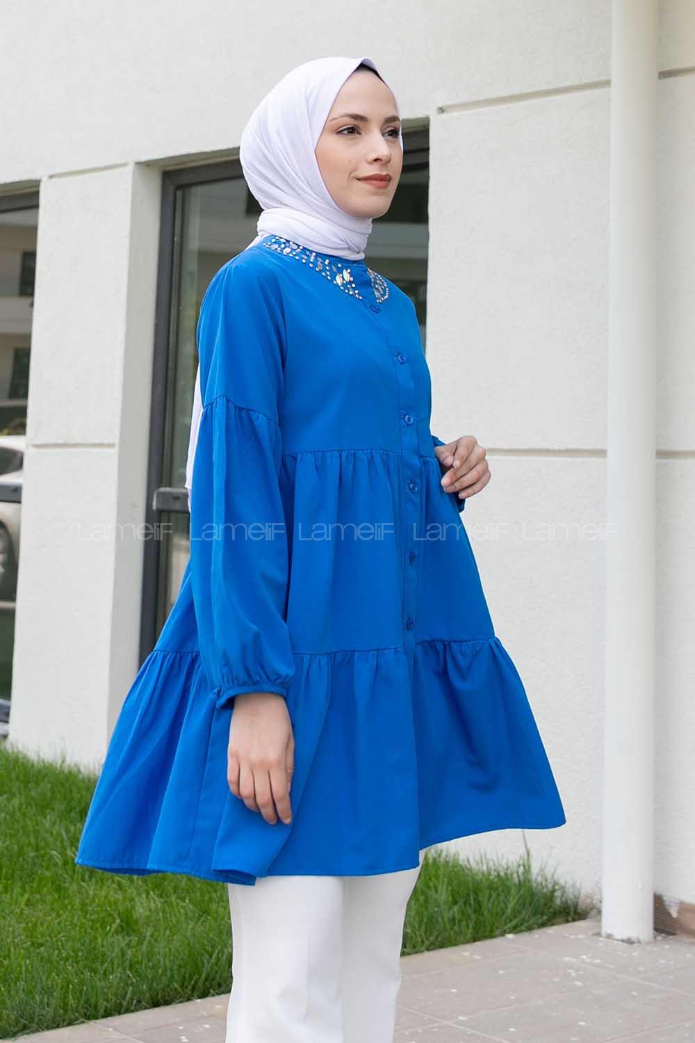 Indigo Mandarin Collar Long Arm Cotton Unprinted Shirt