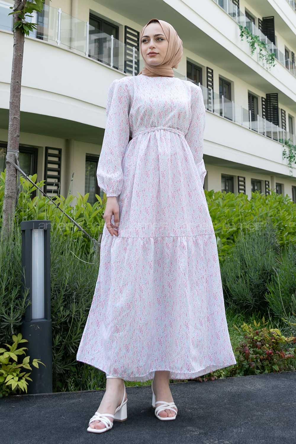 Blue Pink Crew Neck Poplin Fabric Printed Dresess