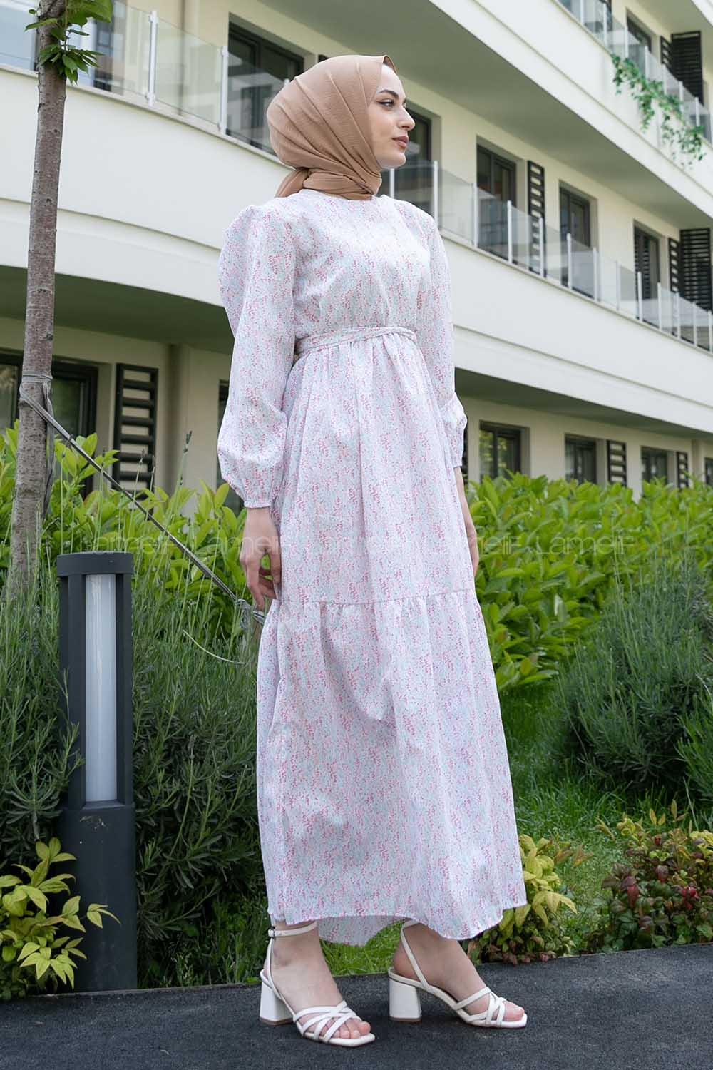 Blue Pink Crew Neck Poplin Fabric Printed Dresess