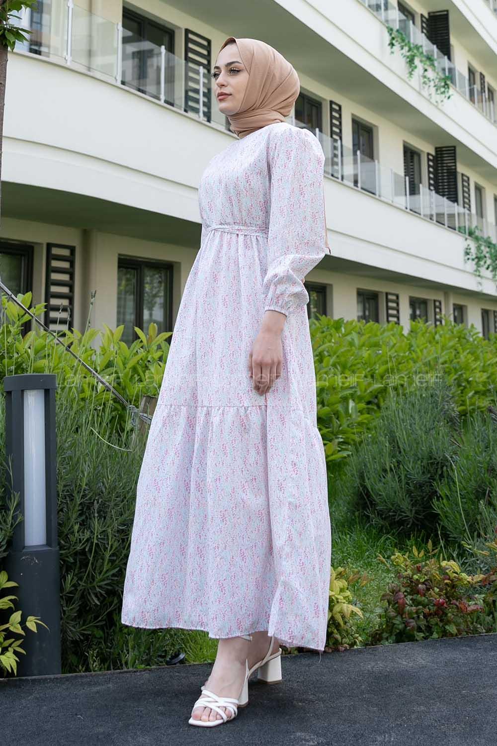 Blue Pink Crew Neck Poplin Fabric Printed Dresess