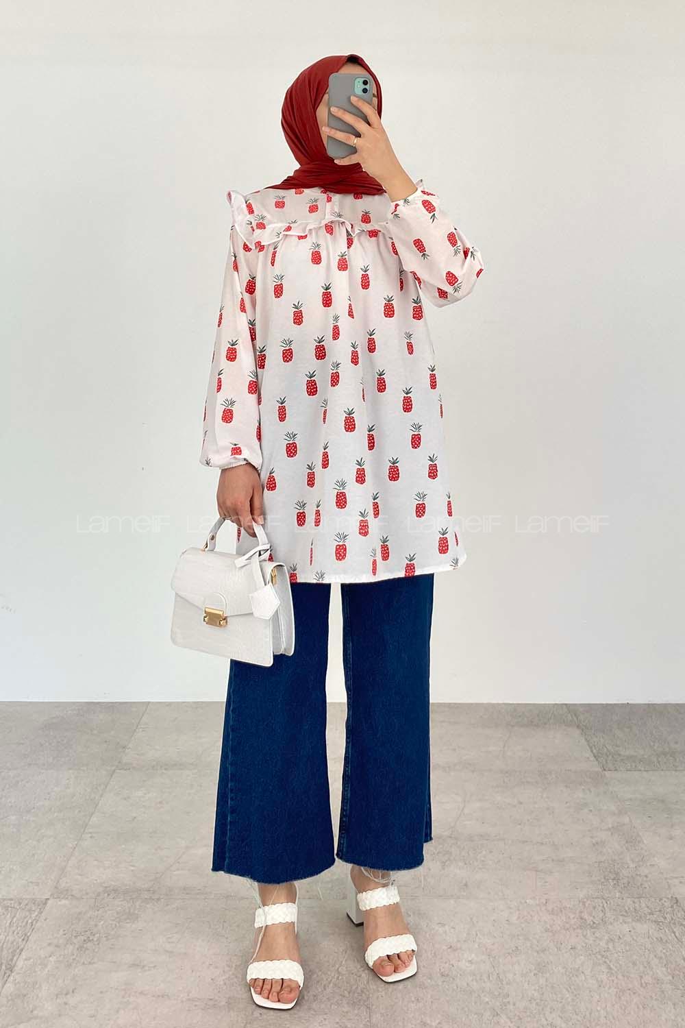 Red Mandarin Collar Cotton Printed Tunic