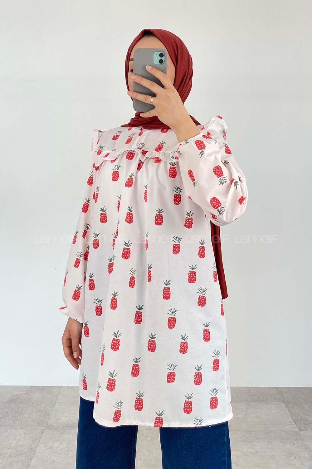 Red Mandarin Collar Cotton Printed Tunic
