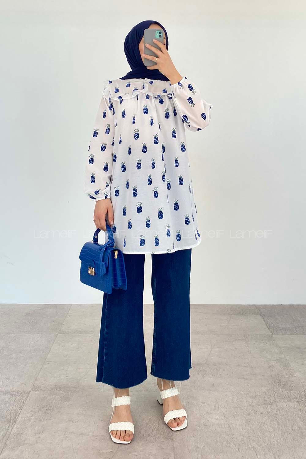 Navy Blue Mandarin Collar Cotton Printed Tunic