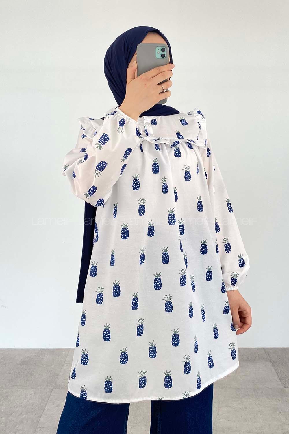 Navy Blue Mandarin Collar Cotton Printed Tunic