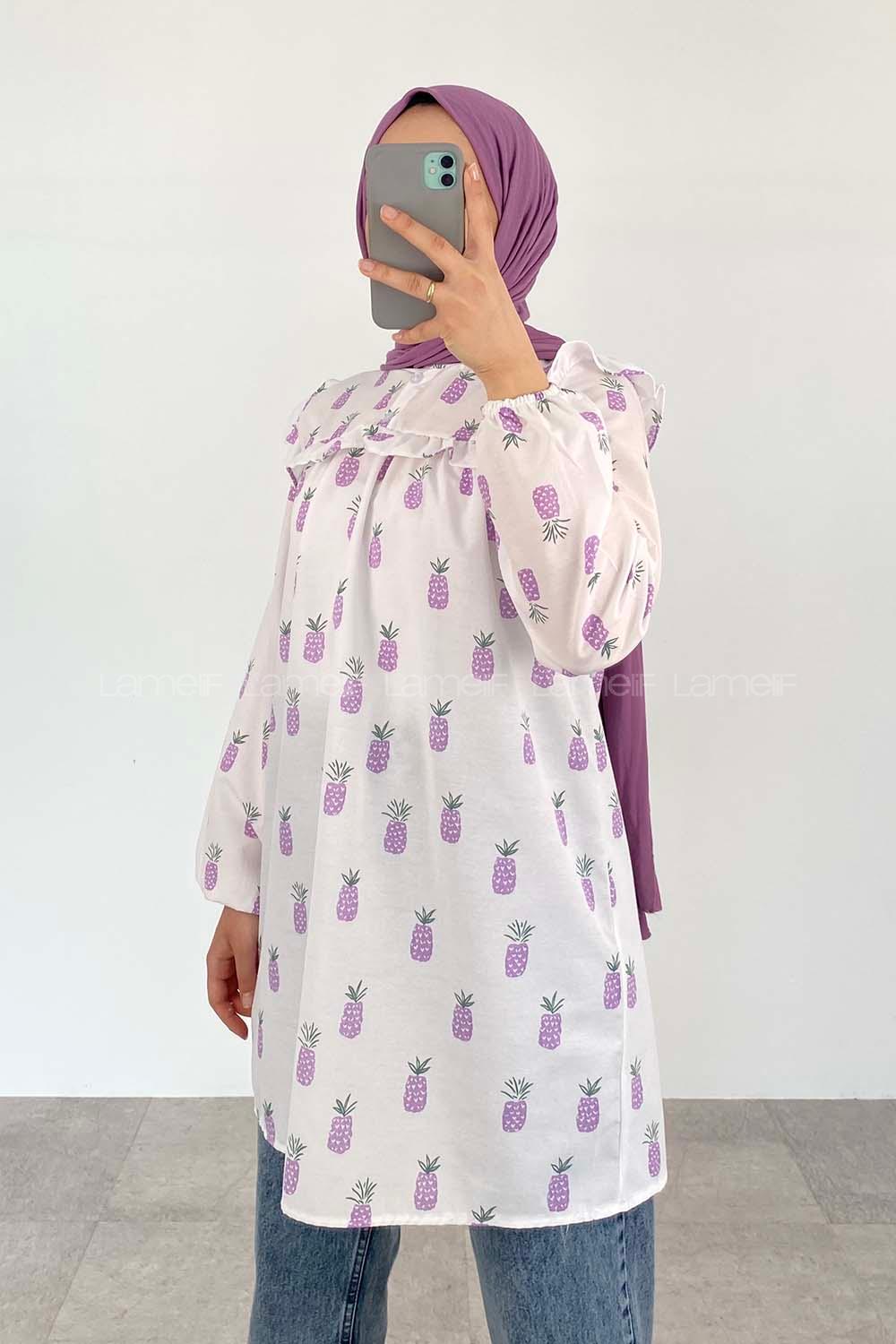Lilac Mandarin Collar Cotton Printed Tunic