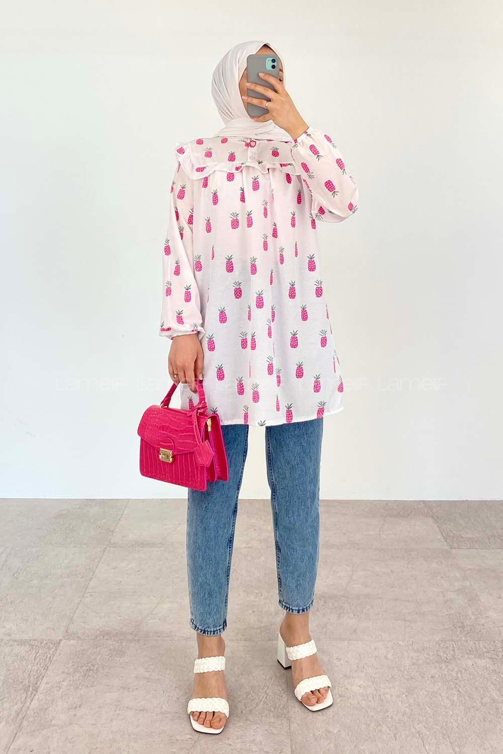 Pink Mandarin Collar Cotton Printed Tunic
