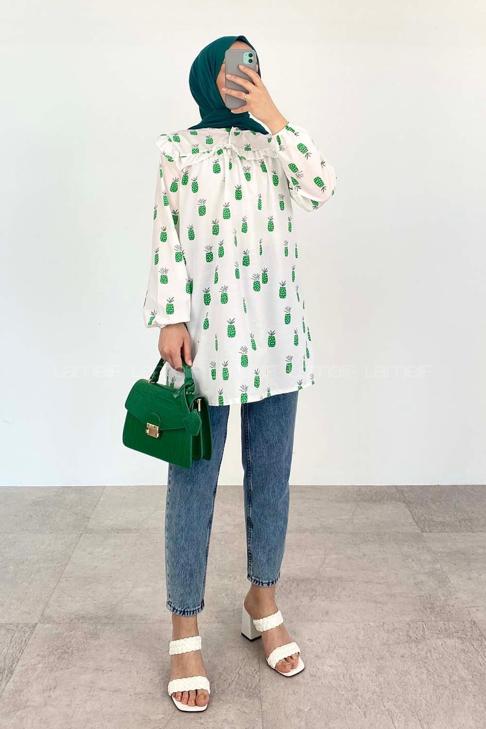 Green Mandarin Collar Cotton Printed Tunic