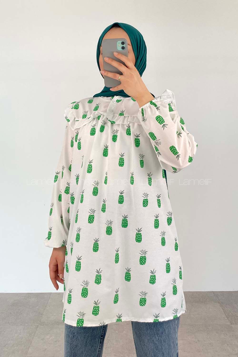 Green Mandarin Collar Cotton Printed Tunic