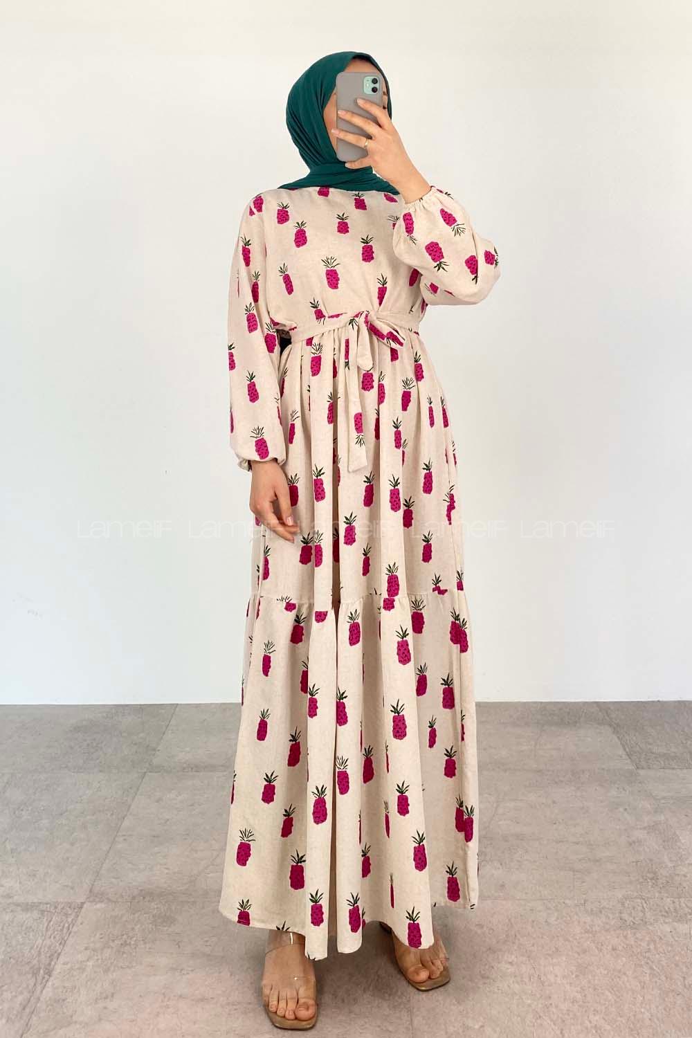 Fuchsia Crew Neck Linen Printed Dresess