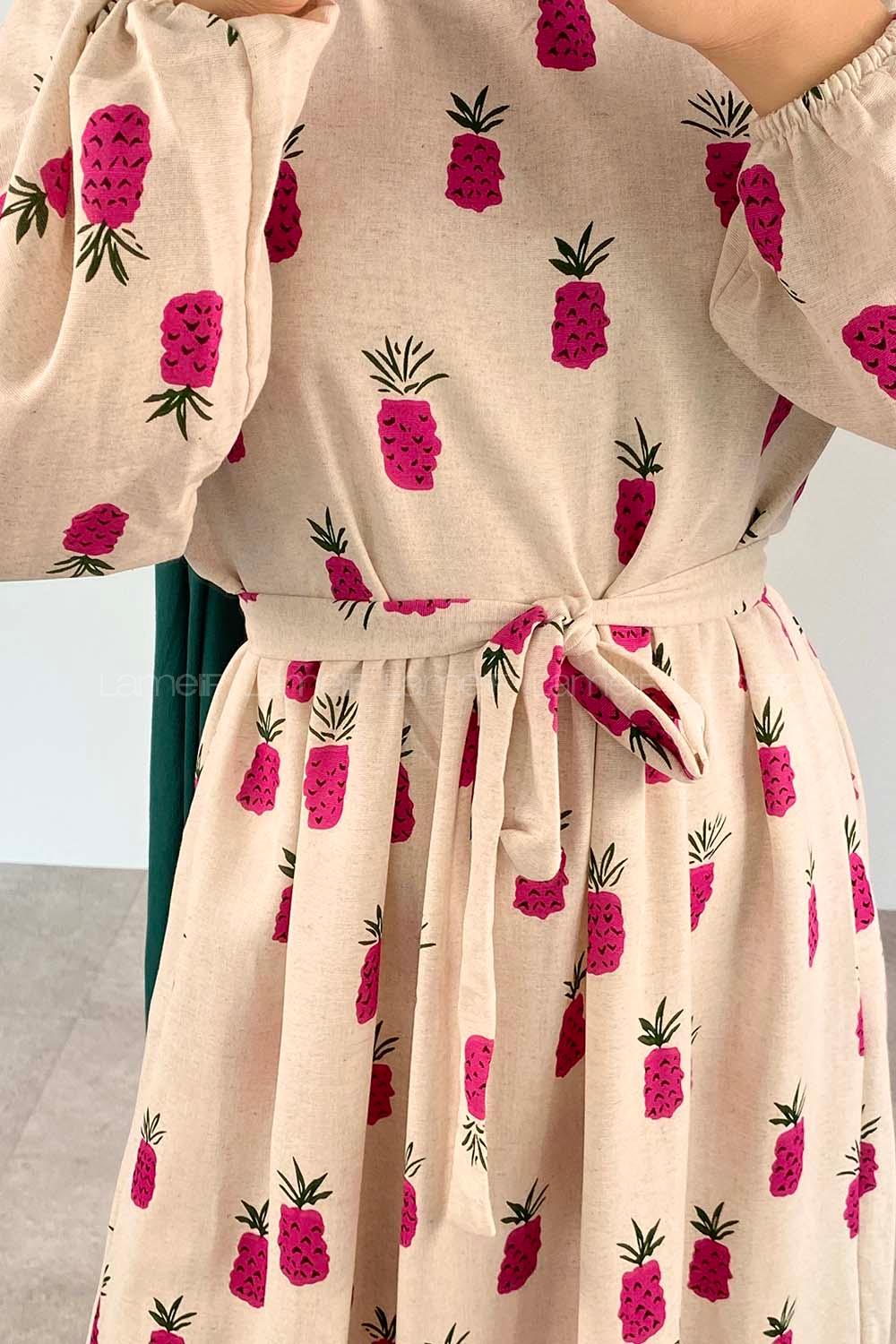 Fuchsia Crew Neck Linen Printed Dresess