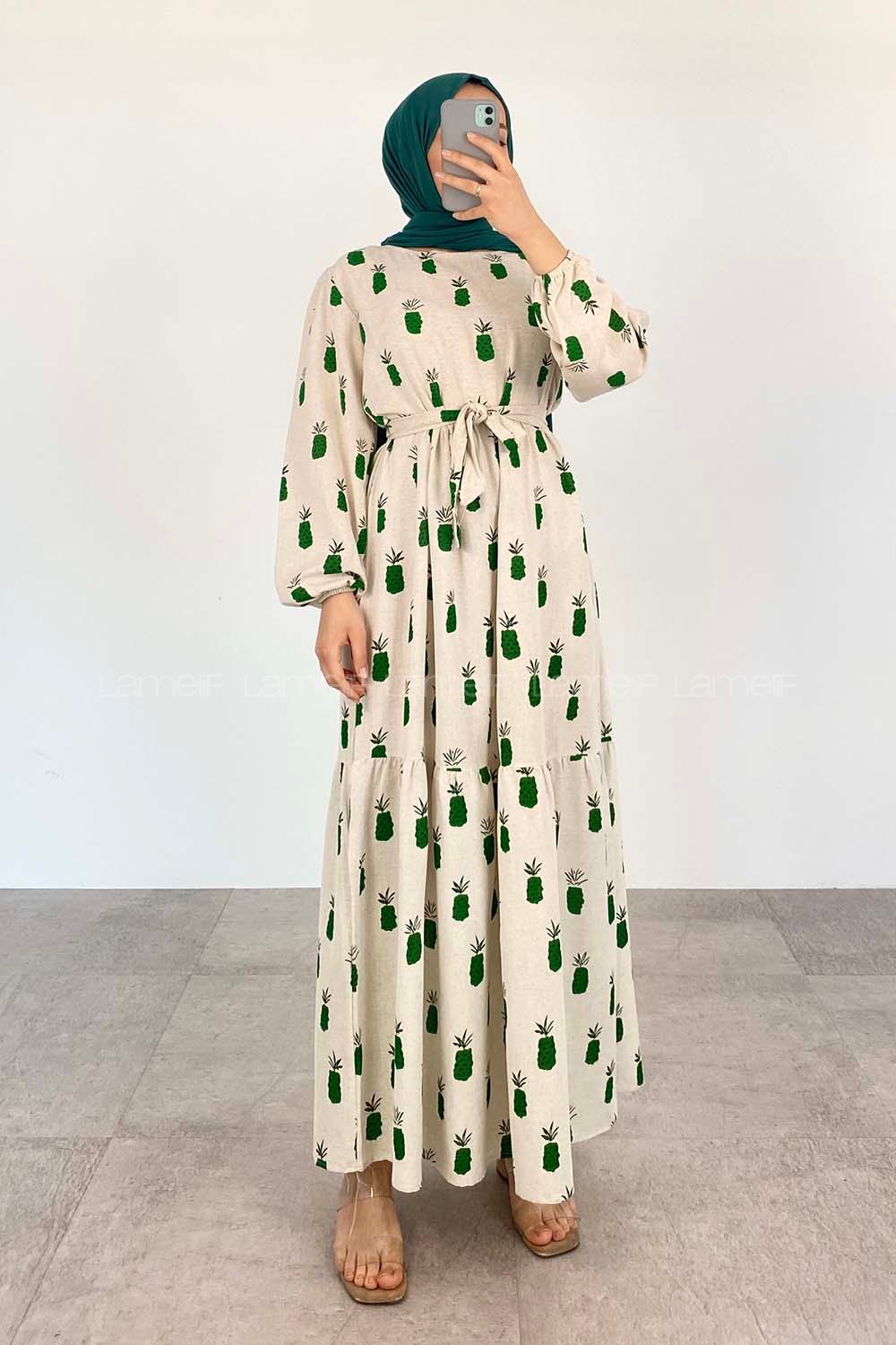 Green Crew Neck Linen Printed Dresess