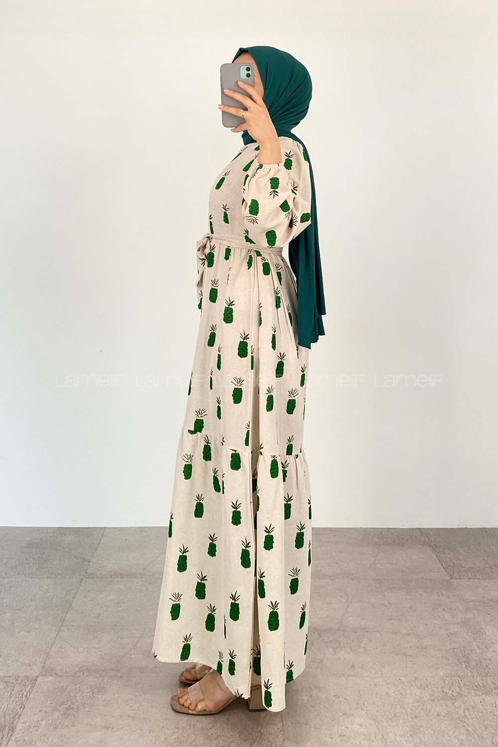 Green Crew Neck Linen Printed Dresess